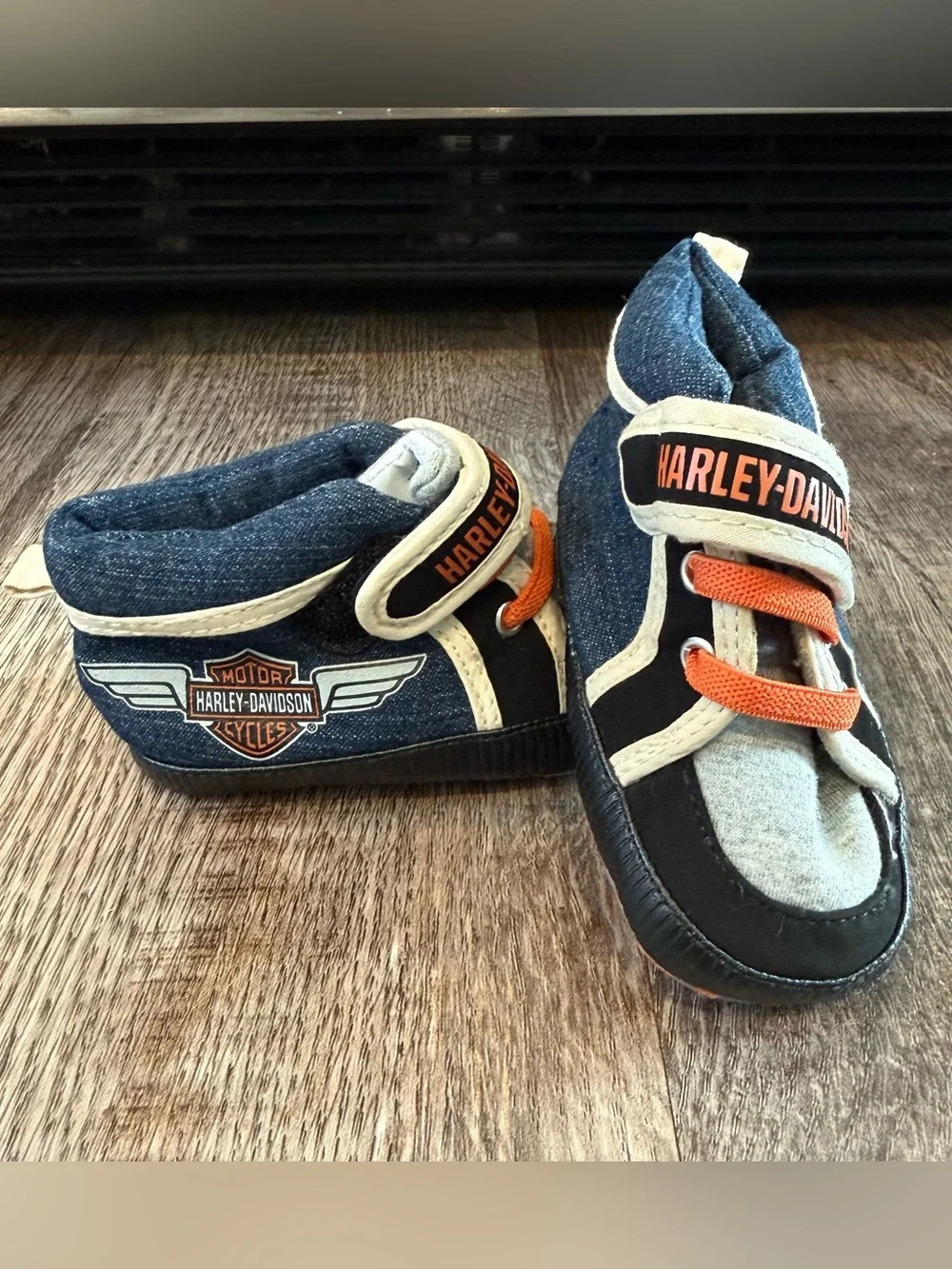 Harley Davidson High Top Crib Shoes Licensed Logo Size 2/3 Biker Moto Denim Baby